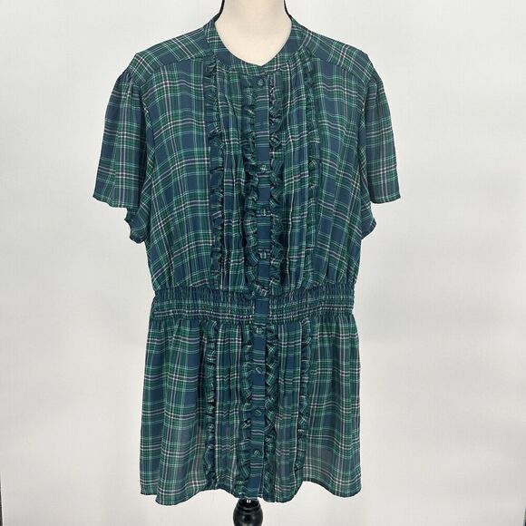 Torrid Top Women's Size 2X Plaid Short Sleeve‎ Ruffle Button Front - Picture 2 of 10